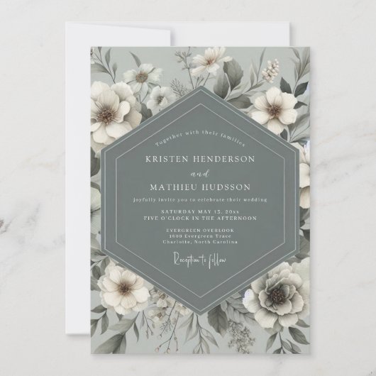 Invitation Mariage Botanique Romance Bleu Ardoise (Devant)