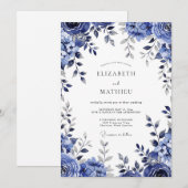 Invitation Mariage Botanique Romance Bleu Profond (Devant / Derrière)