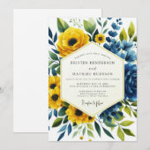 Invitation Mariage Botanique Romance Jaune Bleu (Devant / Derrière)