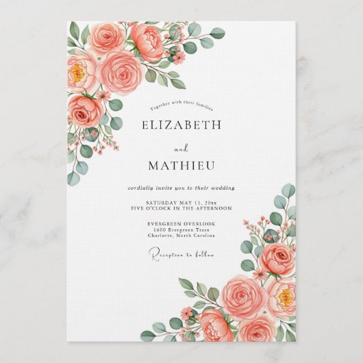 Invitation Mariage Botanique Romance Rose Corail (Devant)