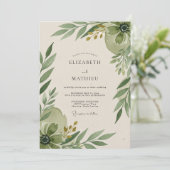 Invitation Mariage Botanique Romance Vert Olive (Debout devant)