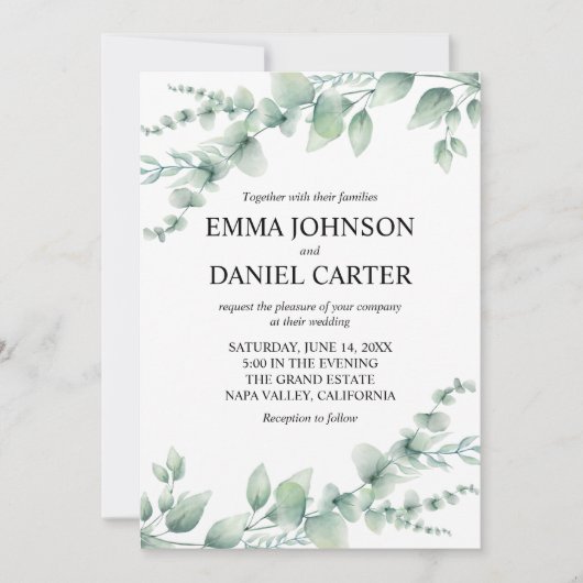 Invitation Mariage Botanique Romantique au Feuillage d'Eucaly (Devant)