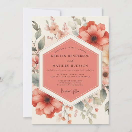 Invitation Mariage botanique romantique aux fleurs de corail (Devant)