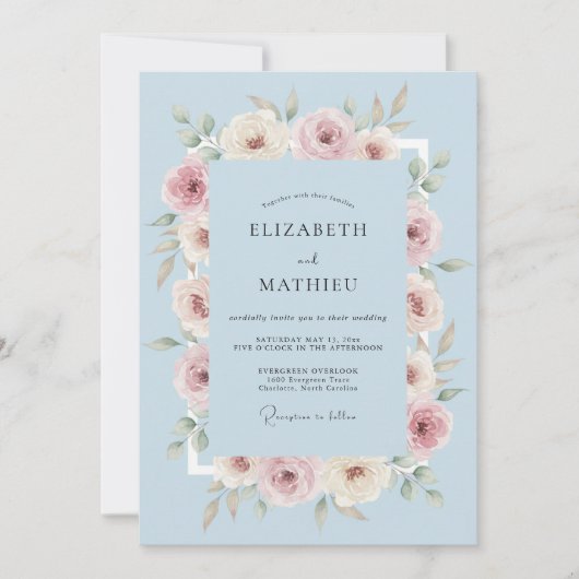 Invitation Mariage Botanique Romantique Bleu Clair (Devant)