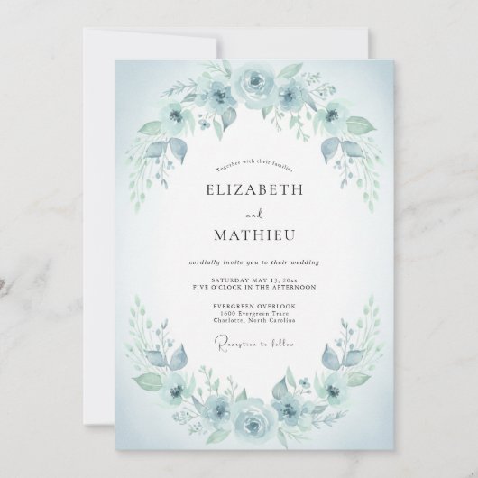 Invitation Mariage Botanique Romantique Bleu Glace (Devant)