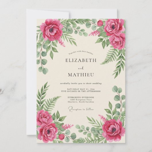Invitation Mariage Botanique Romantique Magenta (Devant)