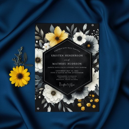 Invitation Mariage Botanique Romantique Noir Jaune