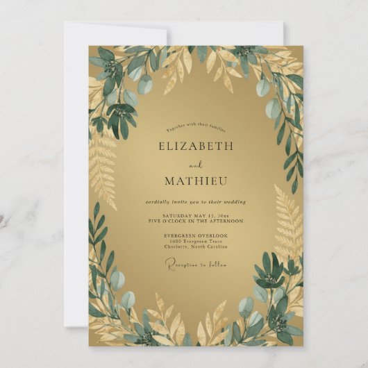 Invitation Mariage Botanique Romantique Or Vert (Devant)