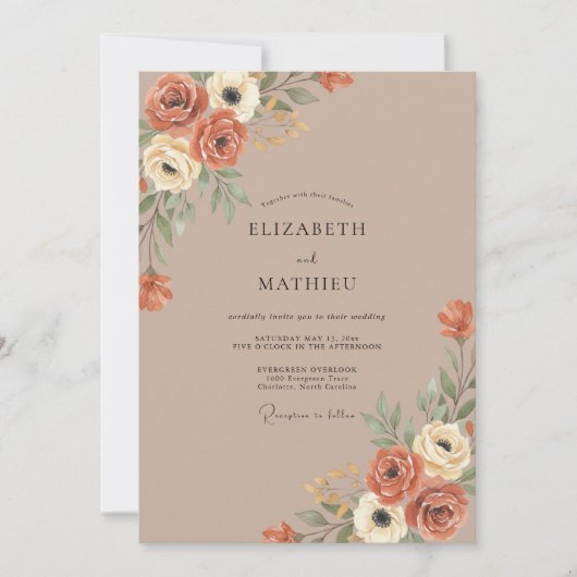 Invitation Mariage Botanique Romantique Orange Brûlé (Devant)