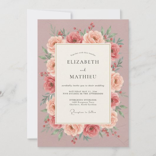 Invitation Mariage Botanique Romantique Rose (Devant)