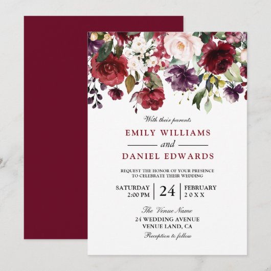Invitation Mariage botanique romantique rouge aquarelle (Devant / Derrière)