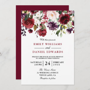 Invitation Mariage botanique romantique rouge aquarelle