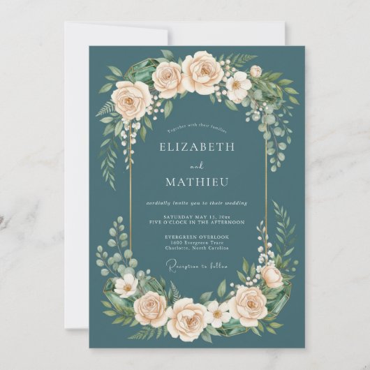 Invitation Mariage botanique romantique sarcelle (Devant)
