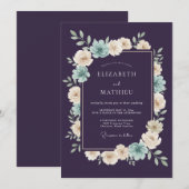 Invitation Mariage Botanique Romantique Teal Prune (Devant / Derrière)