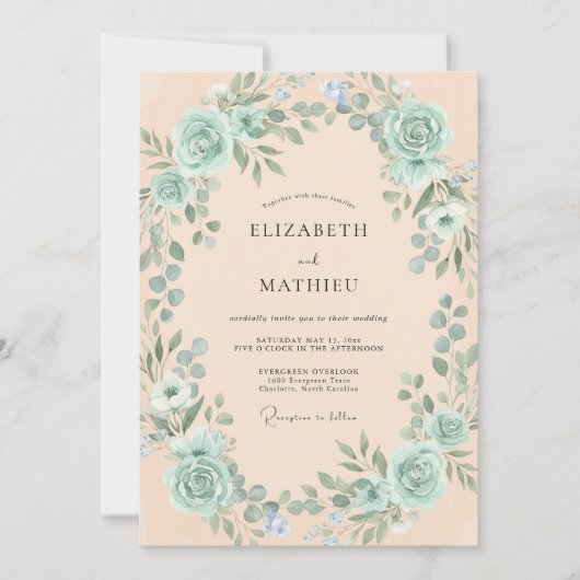 Invitation Mariage Botanique Romantique Vert Mousse de Mer (Devant)