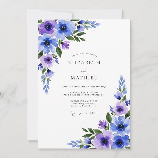 Invitation Mariage Botanique Romantique Violet Bleu (Devant)