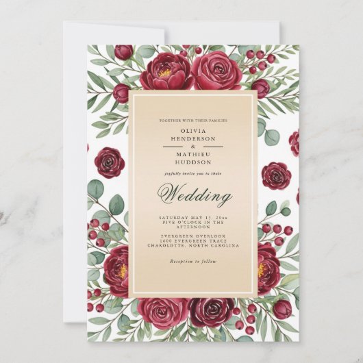 Invitation Mariage Botanique Rose Bourgogne (Devant)
