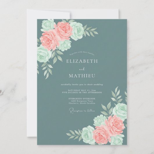 Invitation Mariage Botanique Rose Corail Sarcelle (Devant)