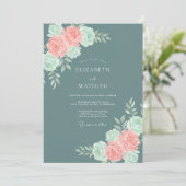 Invitation Mariage Botanique Rose Corail Sarcelle (Debout devant)