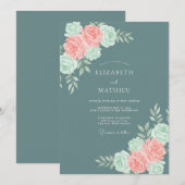 Invitation Mariage Botanique Rose Corail Sarcelle (Devant / Derrière)