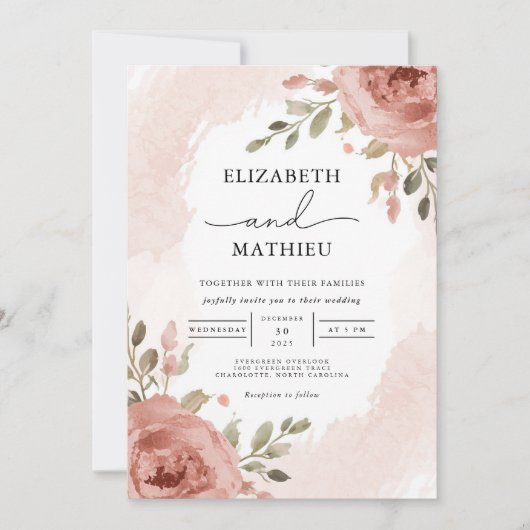 Invitation Mariage botanique Rose doux (Devant)