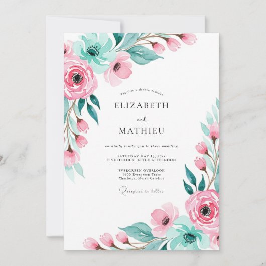 Invitation Mariage Botanique Rose Élégant (Devant)