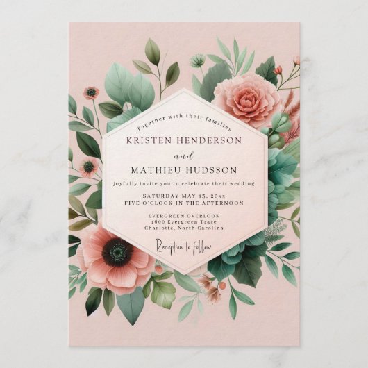 Invitation Mariage Botanique Rose Émeraude (Devant)