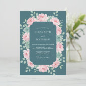 Invitation Mariage Botanique Rose et Sarcelle Profond (Debout devant)