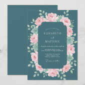 Invitation Mariage Botanique Rose et Sarcelle Profond (Devant / Derrière)