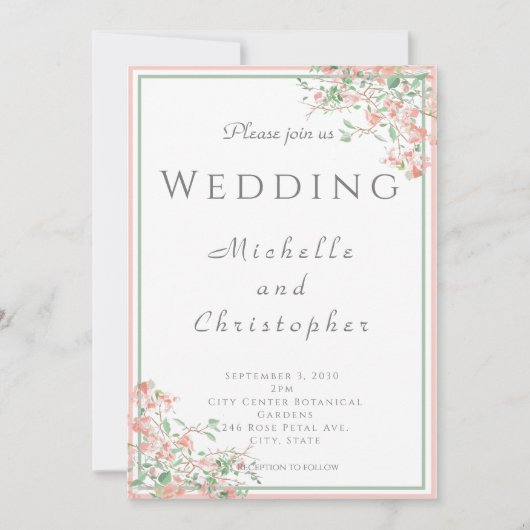 Invitation Mariage Botanique rose et vert Boho (Devant)