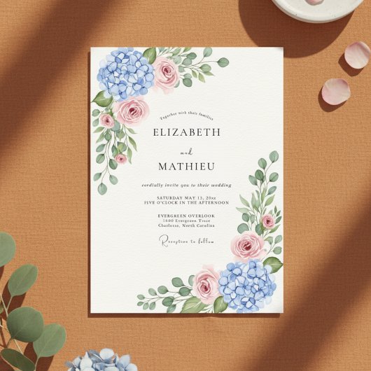 Invitation Mariage Botanique Rose Hydrangea Bleue