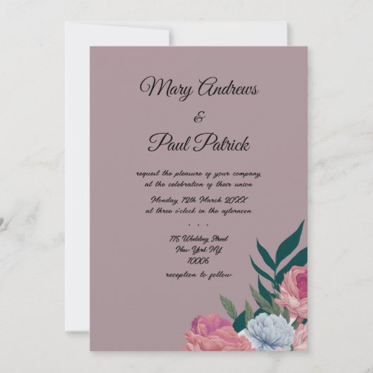 Invitation Mariage botanique rose mauve (Devant)