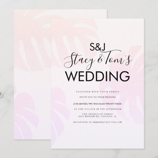 Invitation Mariage botanique rose Monstera (Devant / Derrière)