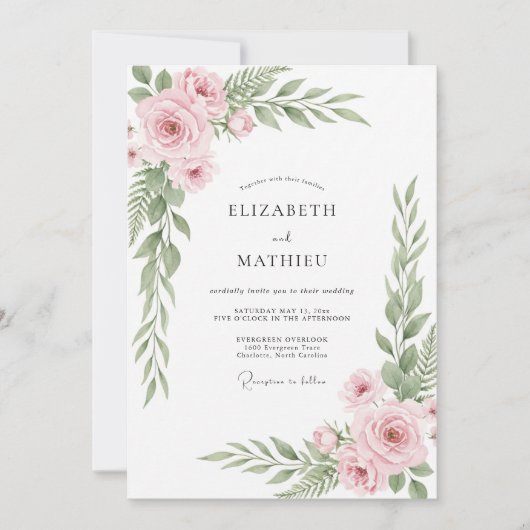 Invitation Mariage Botanique Rose Pâle Bio (Devant)