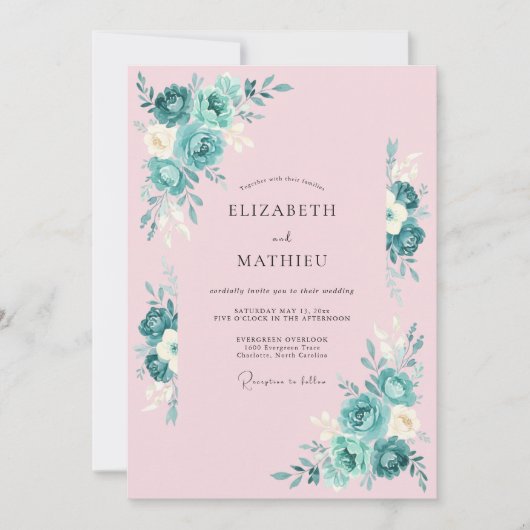 Invitation Mariage Botanique Rose Pâle et Sarcelle (Devant)