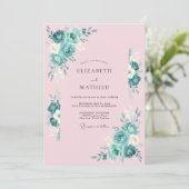 Invitation Mariage Botanique Rose Pâle et Sarcelle (Debout devant)