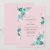 Invitation Mariage Botanique Rose Pâle et Sarcelle (Devant / Derrière)