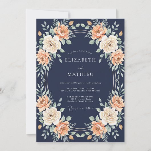 Invitation Mariage Botanique Rose Pêche Navy (Devant)