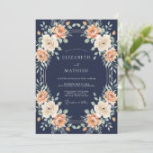 Invitation Mariage Botanique Rose Pêche Navy (Debout devant)