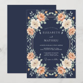 Invitation Mariage Botanique Rose Pêche Navy (Devant / Derrière)