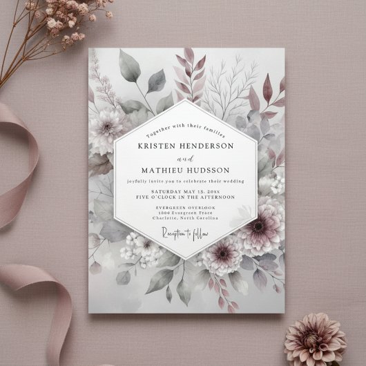 Invitation Mariage Botanique Rose Poussiéreux Fantaisiste