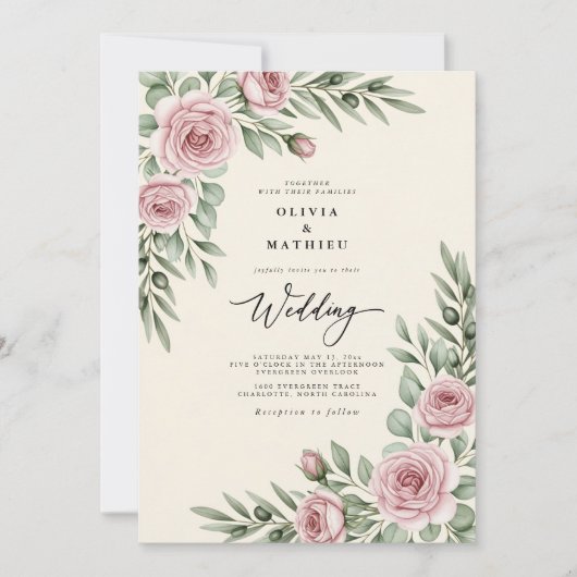 Invitation Mariage botanique rose tendre (Devant)