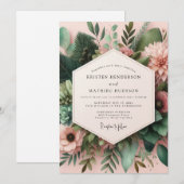 Invitation Mariage Botanique Rose Vert (Devant / Derrière)