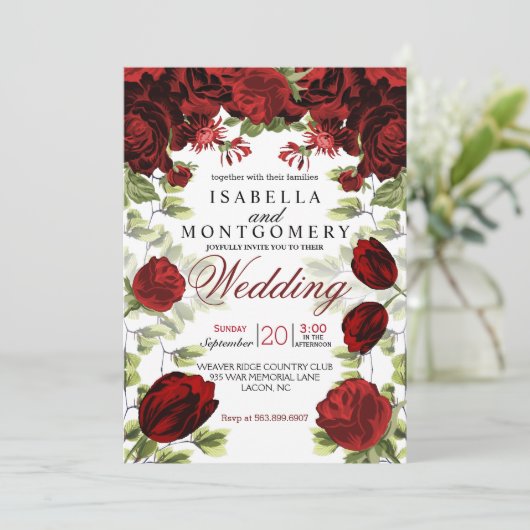 Invitation Mariage botanique rouge foncé (Debout devant)