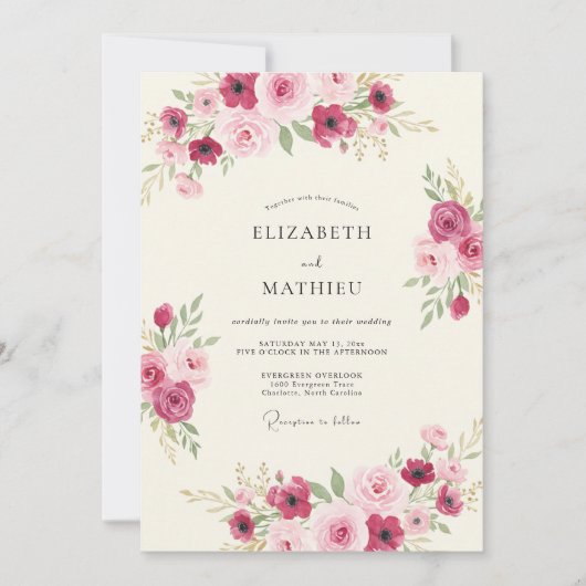 Invitation Mariage Botanique Rouge Magenta (Devant)