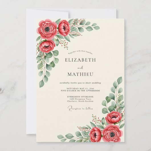 Invitation Mariage Botanique Rouge Vivid (Devant)