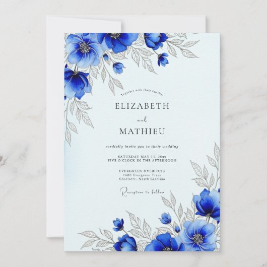 Invitation Mariage Botanique Royal Bleu Foudroyant (Devant)