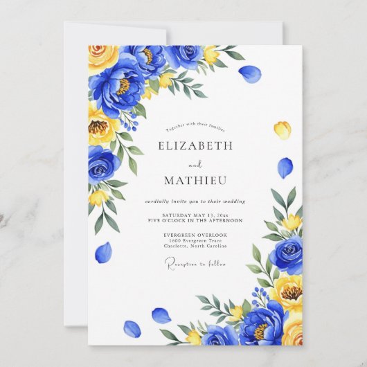 Invitation Mariage Botanique Royale Bleu Tableaux (Devant)