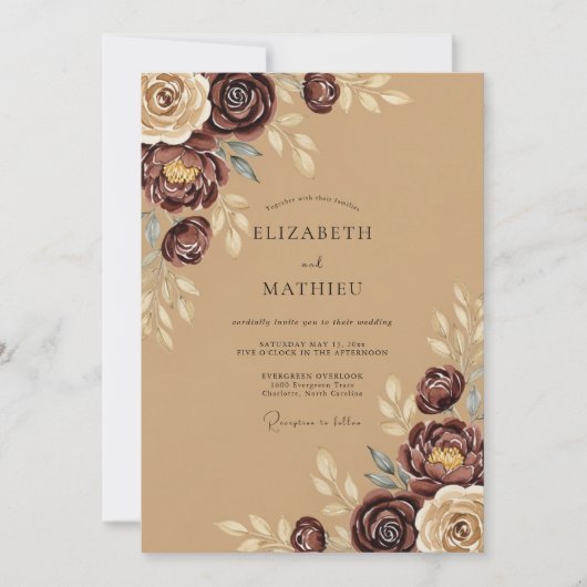 Invitation Mariage Botanique Rustique Brun (Devant)