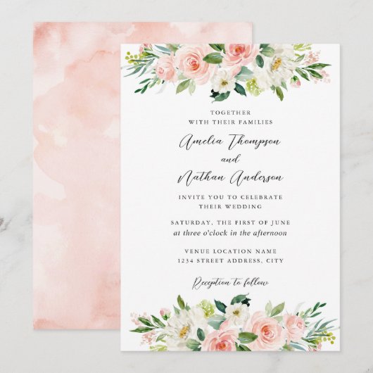Invitation Mariage Botanique Rustique Campagnard Rose (Devant / Derrière)